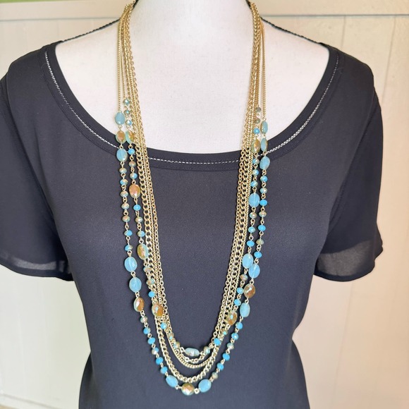 Premier Designs Belize Multistrand Blue Glass AB Bead Gold Tone Long Necklace - Picture 1 of 14